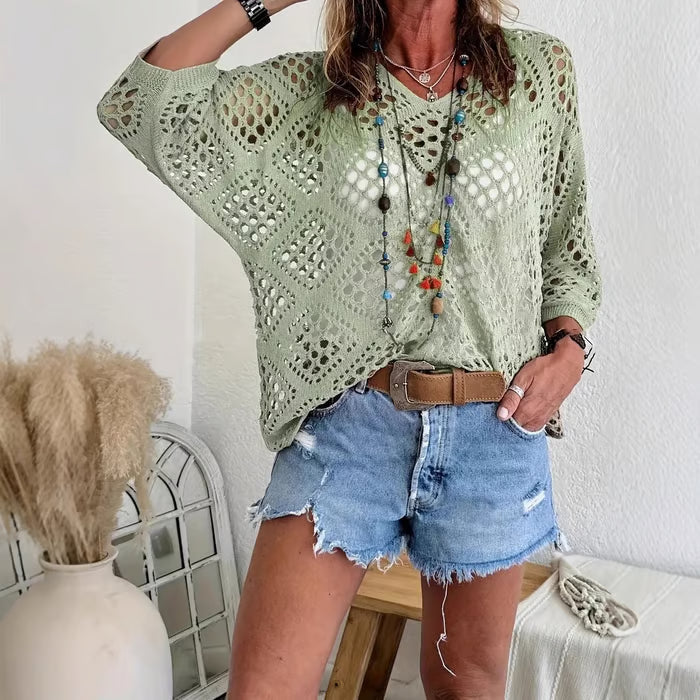 🌿 Handmade Crochet V‑Neck Boho Top | Apricot Summer Essential