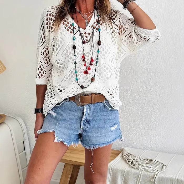 🌿 Handmade Crochet V‑Neck Boho Top | Apricot Summer Essential
