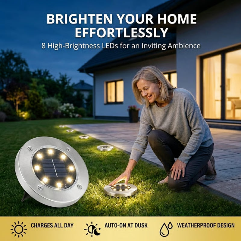 ☀️ Solar Powered 8-LED Ground Lights | Outdoor Pathway Lighting